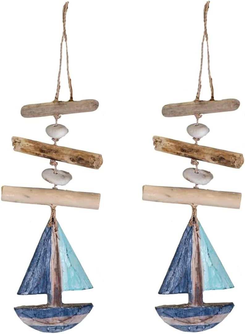 2er Set Girlande Segelschiff Maritim Dekohänger Fenster Maritime Deko Treibholz Natur recyceltes Holz Schiff zum Aufhängen - Hängedeko Maritim Boot