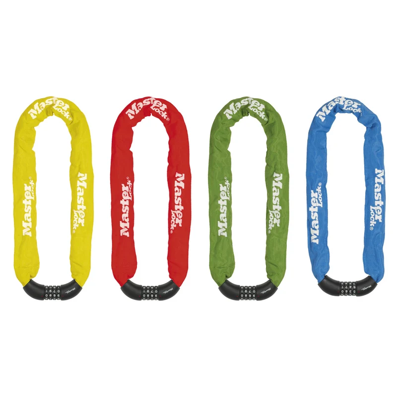 90cm long x 8mm diameter hardened steel chain with integrated set your own combination lock; assorted colours