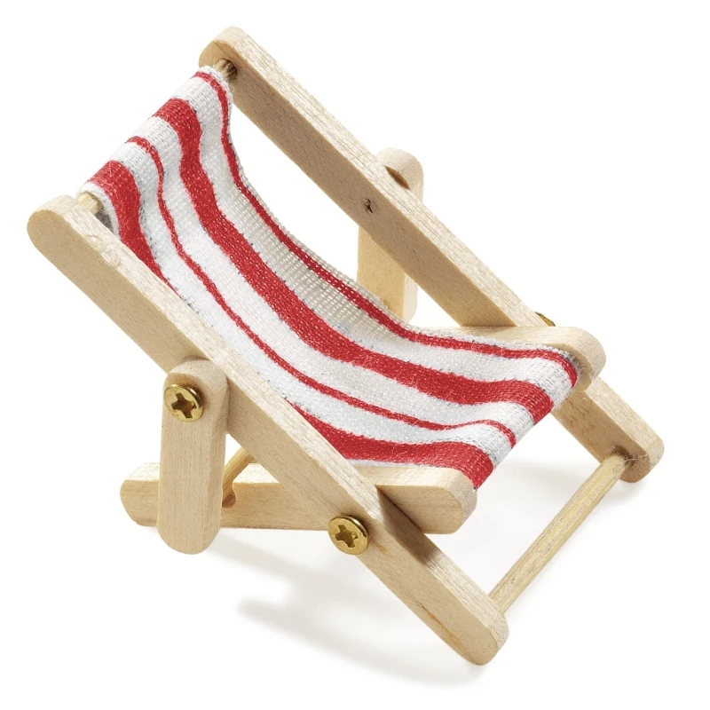 Miniatur-Liegestuhl aus Holz – rot/weiß 1:12