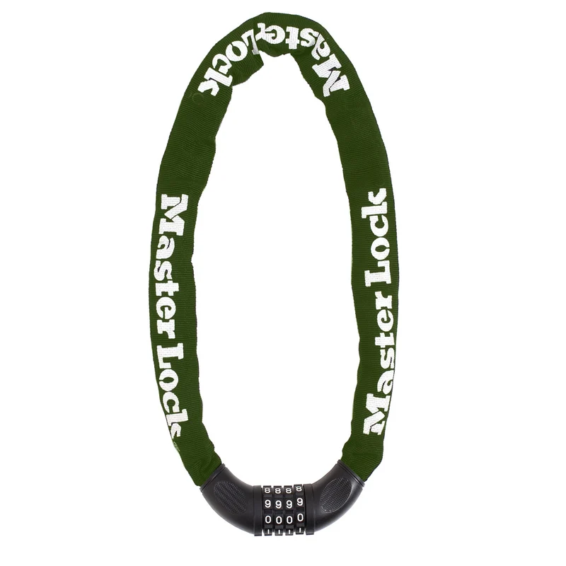 1,5m long x 8mm hardened steel chain with integrated set your own combination lock; green