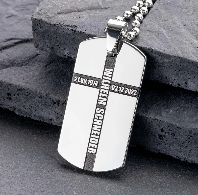 Ihre individuelle Anhänger Erkennungsmarke mit Gravur aus Wolfram: Dog Tag Kette mit Kreuz und 3D Gravur