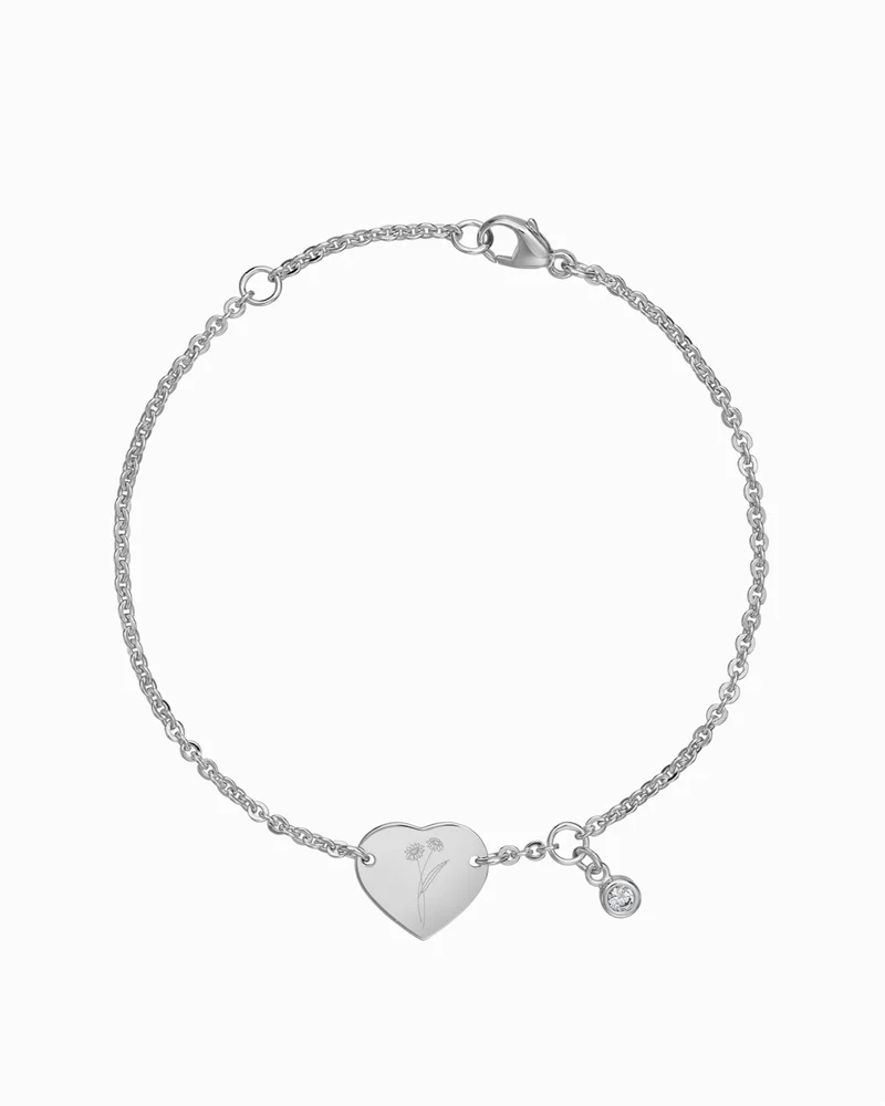 Geburtsblume Gravurarmband Gravurplatte Herz Zirkonia