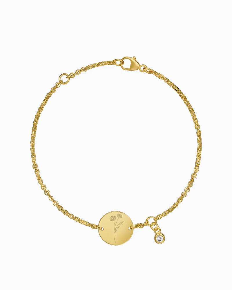 Geburtsblume Gravurarmband Gravurplatte Rund Zirkonia