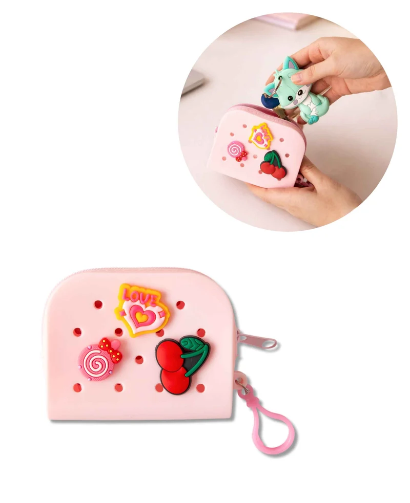 Geldbörse mit Charms, Silikon Pink, 8x10 cm, 3 Charms