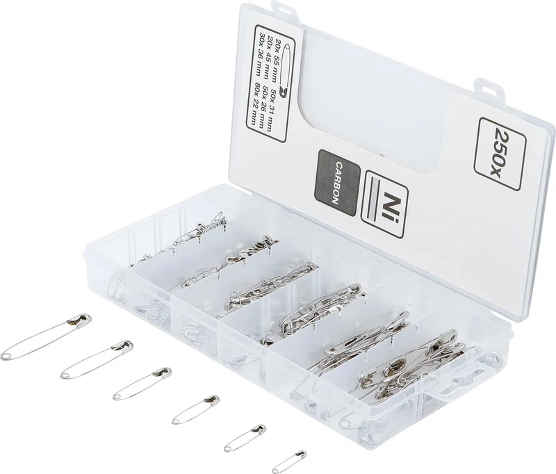 BGS DIY 88196 Sortiment Sicherheitsnadeln 22-55mm 6 Größen 250 teilig