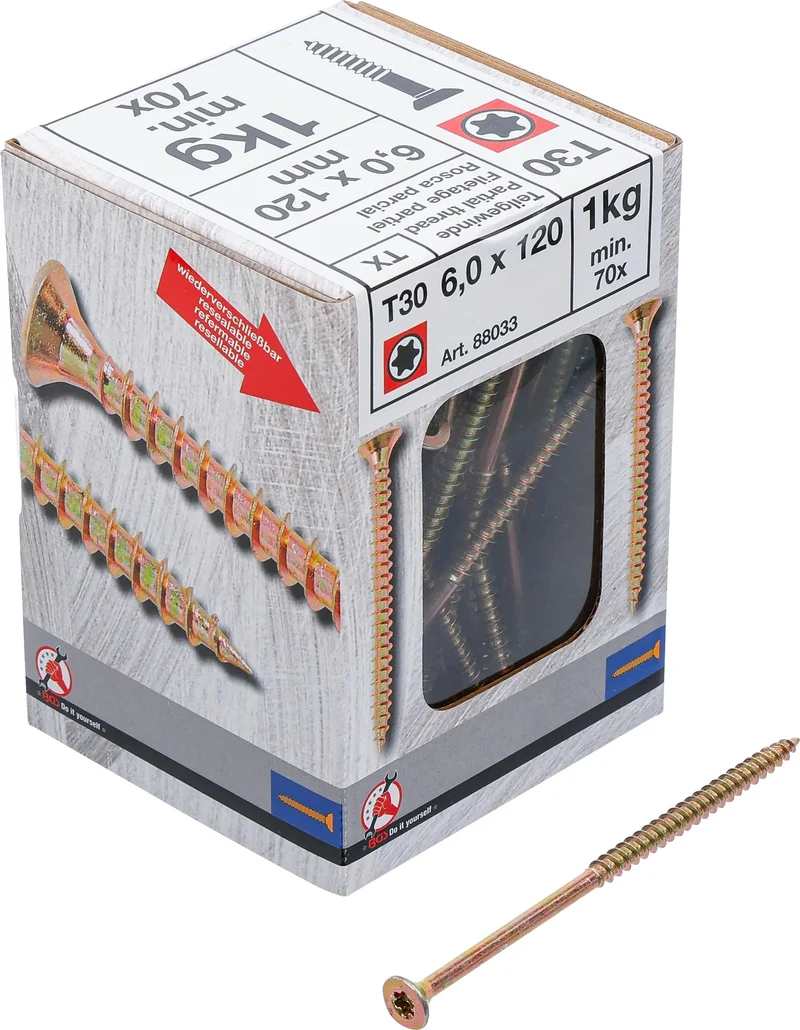 BGS DIY 88033 Mehrzweckschrauben T-Profil (für Torx) T30 6,0 x 120mm 70 Stück 1kg