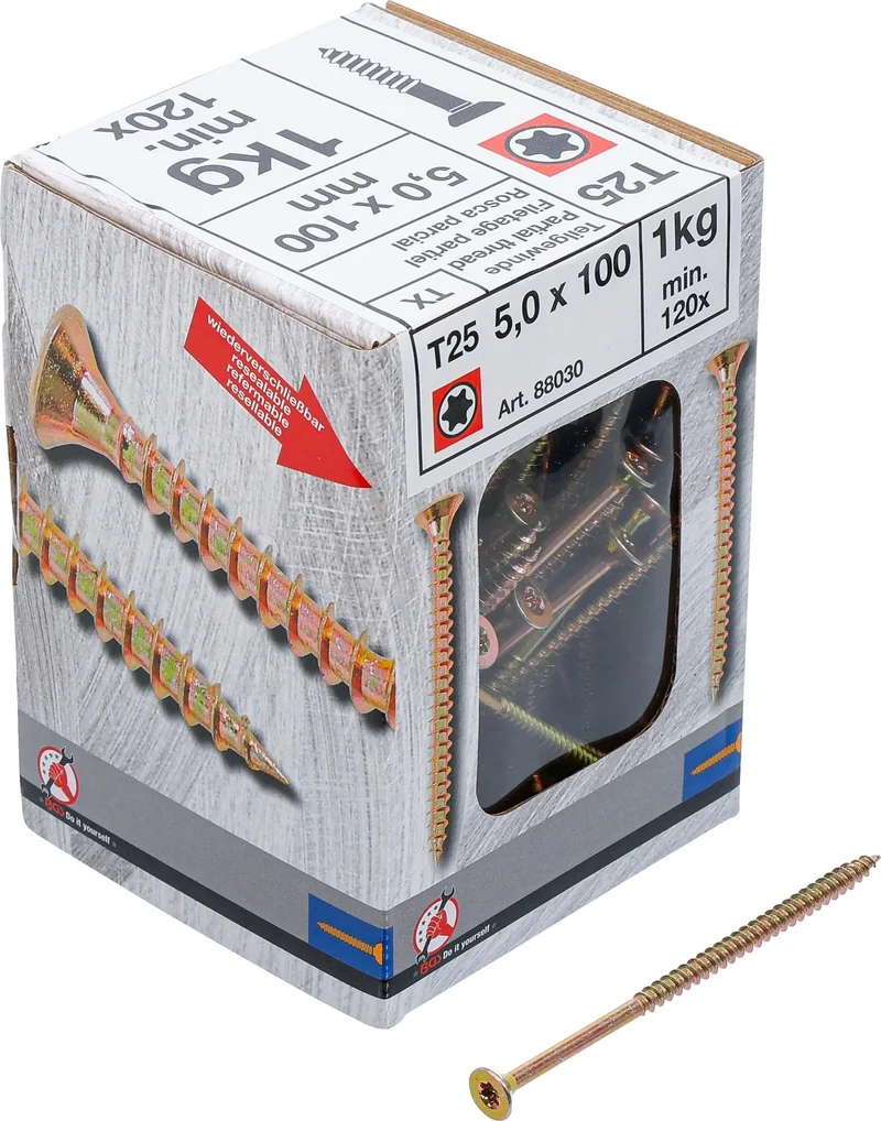 BGS DIY 88030 Mehrzweckschrauben T-Profil (für Torx) T25 5,0 x 100mm 120 Stück 1kg