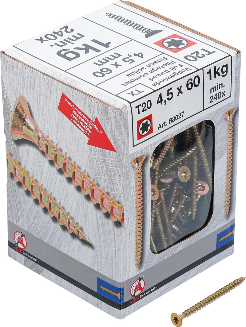 BGS DIY 88027 Mehrzweckschrauben T-Profil (für Torx) T20 4,0 x 60mm 240 Stück 1kg
