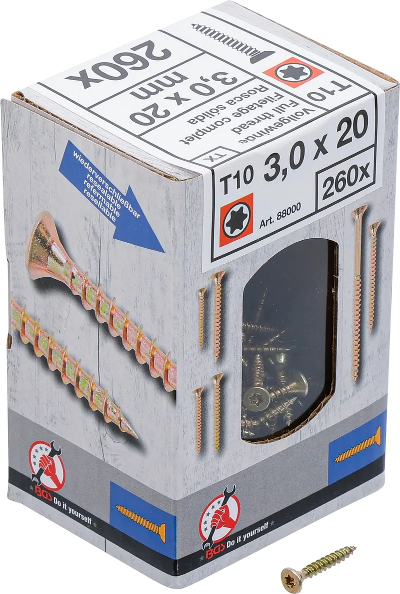 BGS DIY 88000 Mehrzweckschrauben T-Profil (für Torx) T10 3,0 x 20mm 260 Stück 1kg