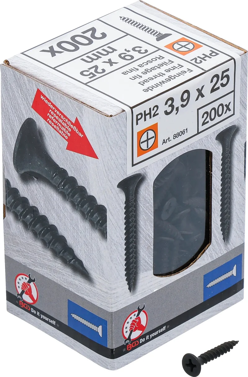 BGS DIY 88061 Schnellbauschrauben PH2 Feingewinde 3,9 x 25mm 200 Stück