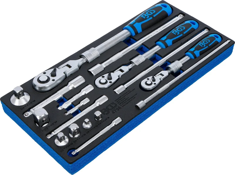 BGS 4798 Satz Umschaltknarren ausziehbar abwinkelbar Abtrieb 6,3mm (1/4") 10mm (3/8") 12,5mm (1/2") 17 teilig