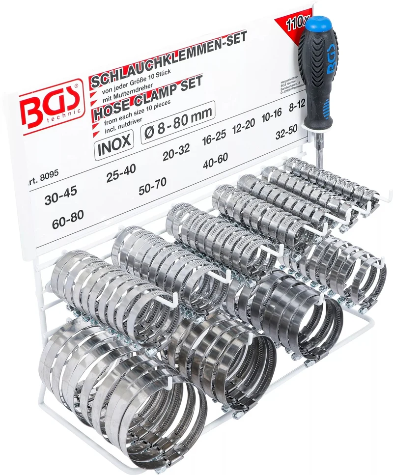 BGS 8095 Sortiment Schlauchklemmen rostfrei auf Tafel 111 teilig