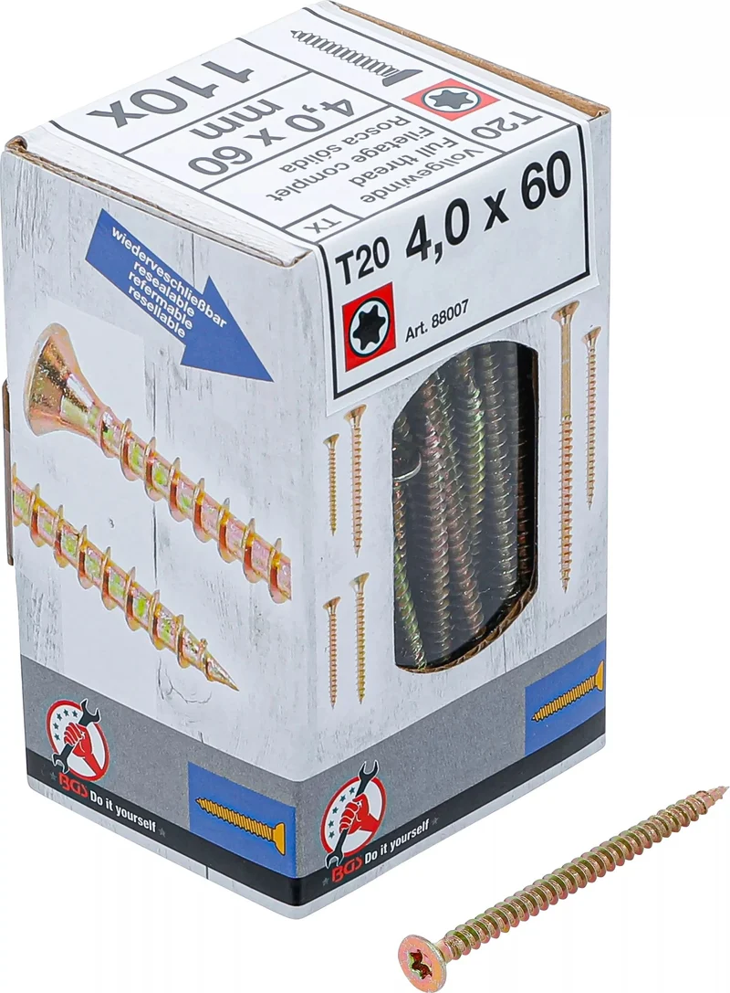 BGS DIY 88007 Satz Mehrzweckschrauben T-Profil (für Torx) T20 4,0x60mm 110 Stück