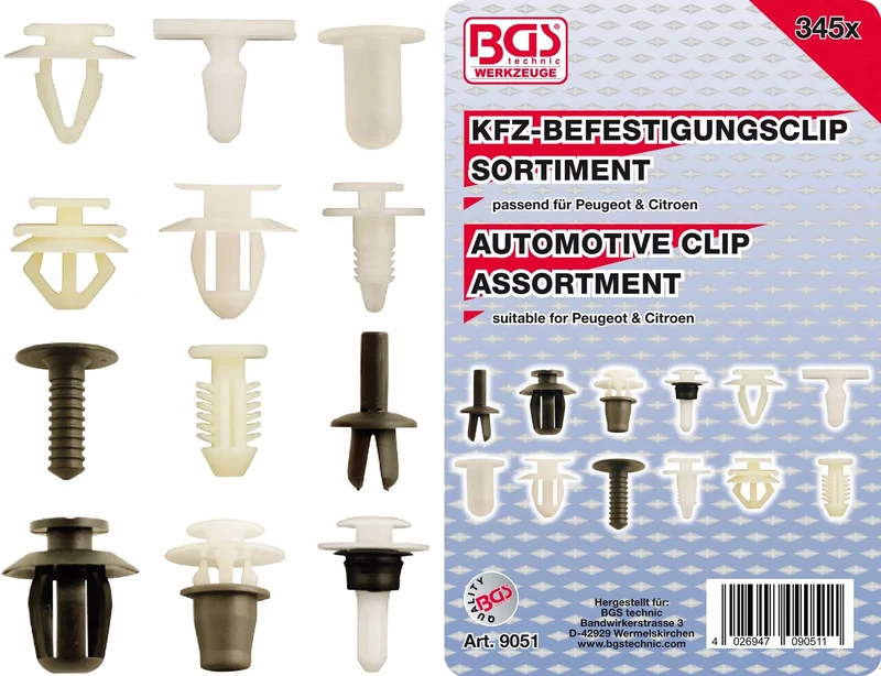 BGS 9051 Sortiment KFZ Befestigungsclips für Peugeot, Citroen 345 teilig