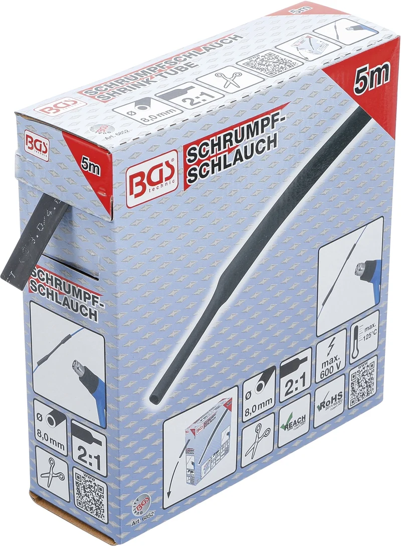 BGS 6852 Box Schrumpfschlauch schwarz Ø8mm 5 Meter zum Zuschneiden