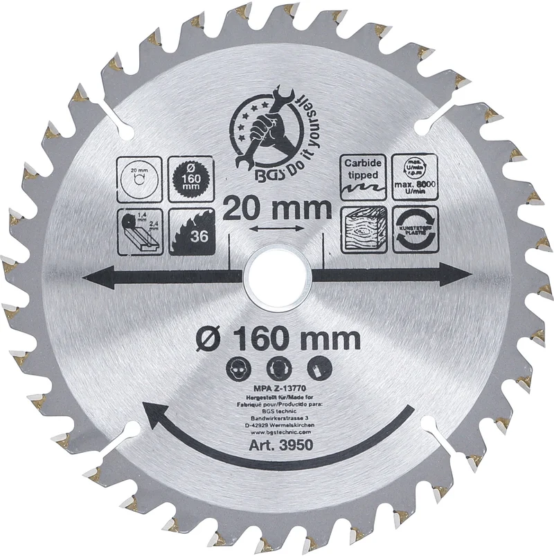 BGS DIY 3950 Hartmetall Kreissägeblatt Ø160 x 20 x 2,4mm 36 Zähne