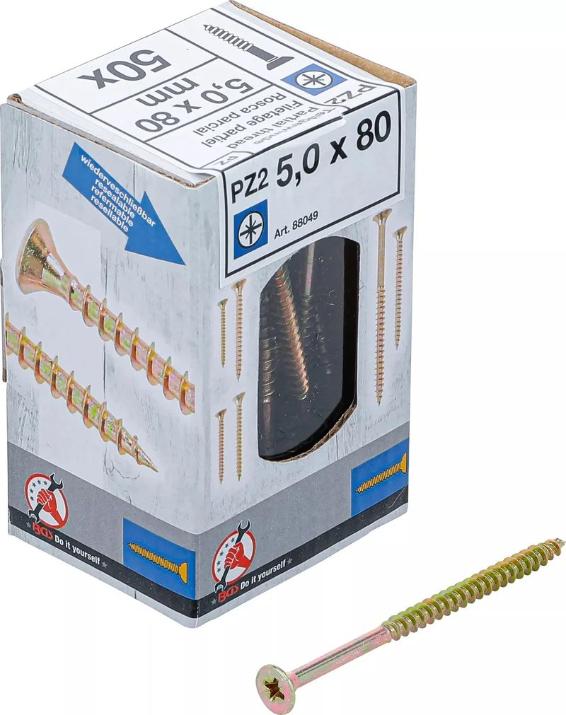 BGS DIY 88049 Satz Mehrzweckschrauben Kreuzschlitz PZ2 5,0x80mm 50 Stück