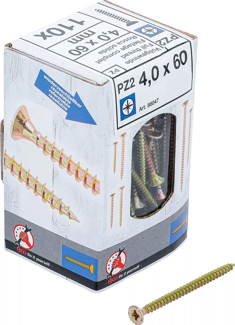 BGS DIY 88047 Satz Mehrzweckschrauben Kreuzschlitz PZ2 4,0x60mm 110 Stück