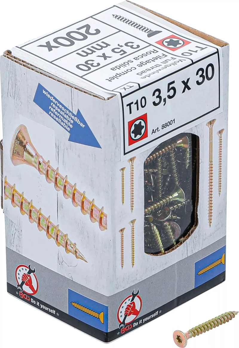 BGS DIY 88001 Satz Mehrzweckschrauben T-Profil (für Torx) T10 3,5x30mm 200 Stück