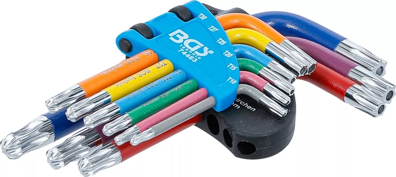 BGS 74463 Satz Winkelschlüssel Multicolour kurz T-Profil (für Torx) mit Bohrung und Kugelkopf T10 - T50 9 teilig