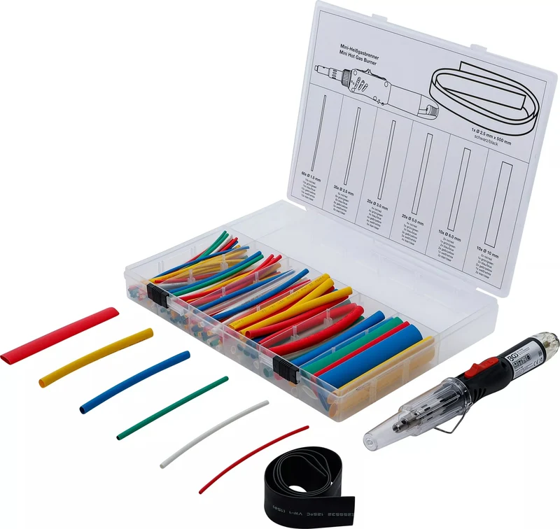 BGS 70143 Mini Heißgasbrenner mit Schrumpfschlauch Sortiment farbig mit Piezo Zündung