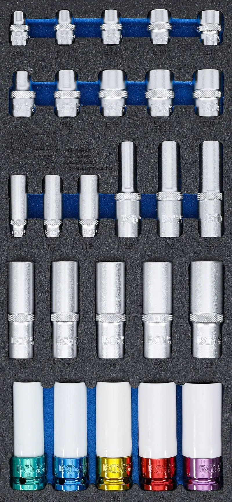 BGS 4147 Satz Steckschlüssel Einsätze Sechskant tief 11 - 22mm E-Profil E10 - E22 6,3mm (1/4") 10mm (3/8") 12,5mm (1/2") Werkstattwageneinlage 1/3