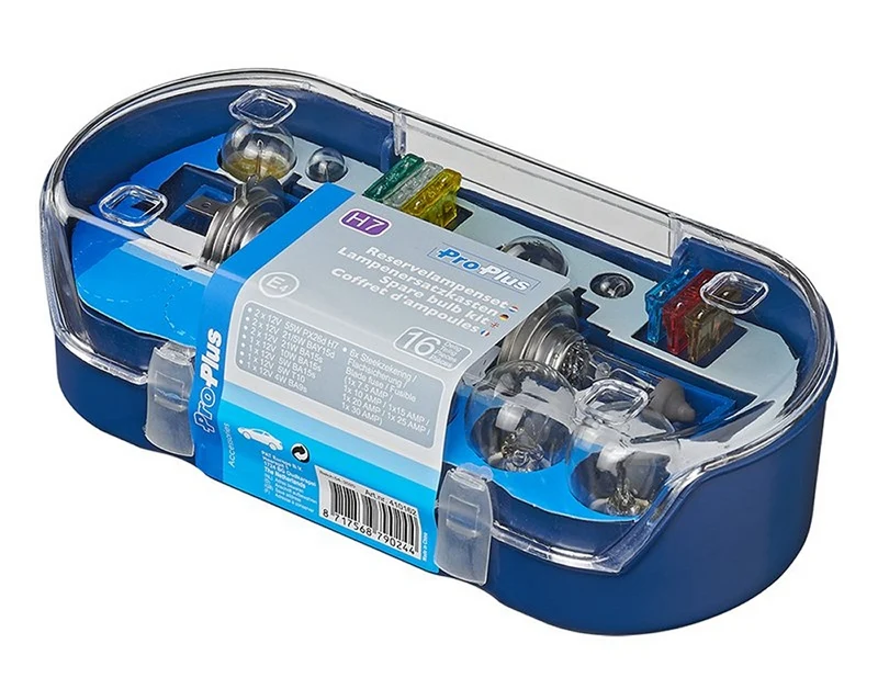ProPlus 410162 Satz Lampen und Sicherungen 12 Volt für PKW Wohnwagen Wohnmobil mit H7 Birnen 16 teilig