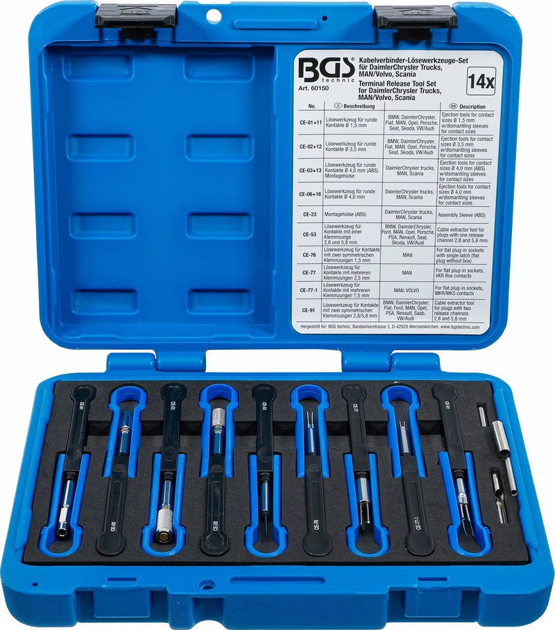 BGS 60150 Satz Entriegelungswerkzeug Auspinwerkzeug KfZ Kabel Stecker MAN Volvo 14-teilig