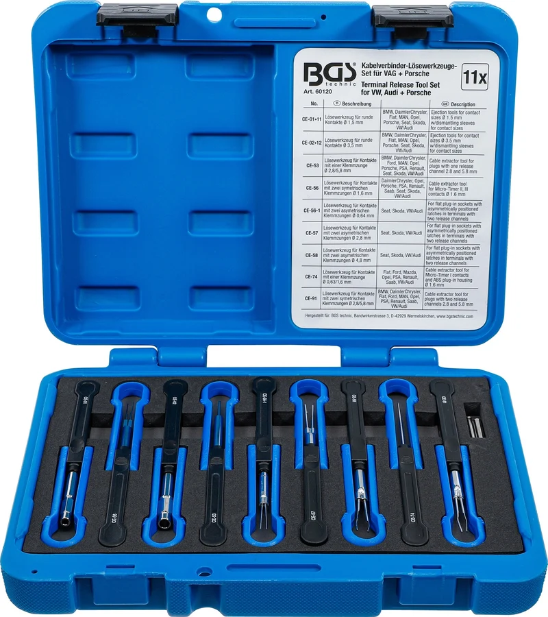 BGS 60120 Satz Entriegelungswerkzeug Auspinwerkzeug KfZ Kabel Stecker VAG Porsche 11-teilig